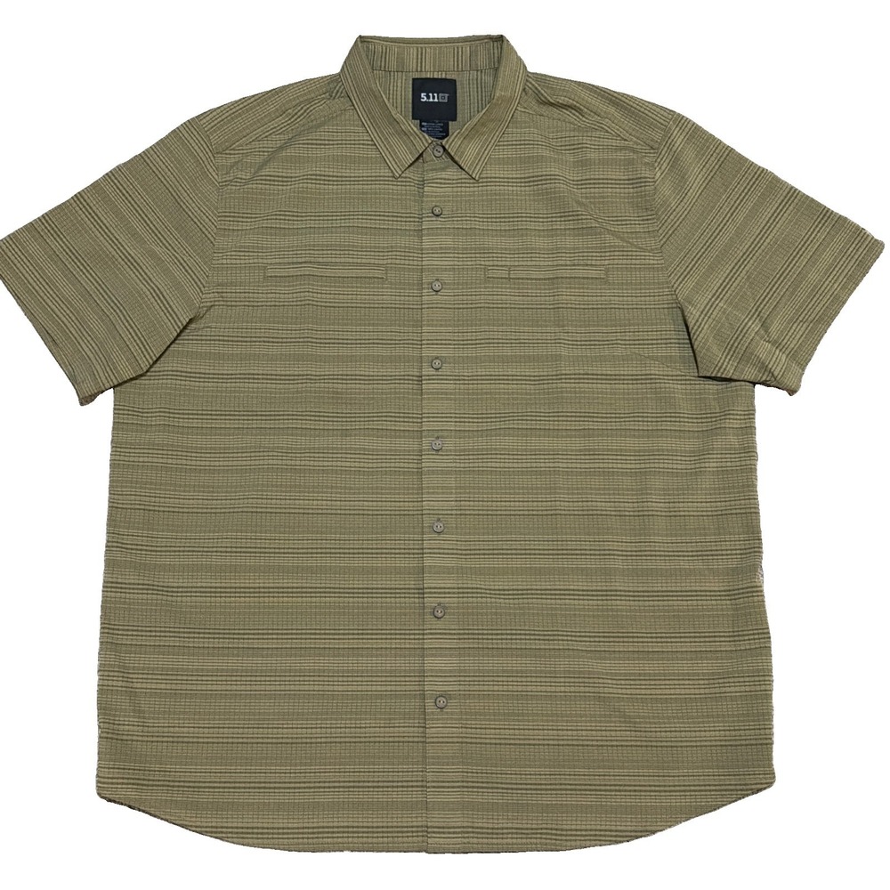 5.11 Tactical Shirt Olive Green Striped Ellis Steam Short Sleeve Button Up XL